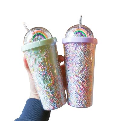 Bebida direta Dupla Cúpula de parede Acrílica Copo de chá de leite com sequins cor personalizada