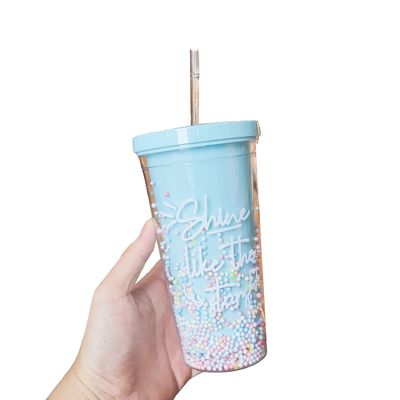 Bebida direta Dupla Cúpula de parede Acrílica Copo de chá de leite com sequins cor personalizada