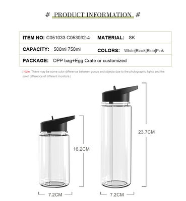 750 ml garrafa de água potável de plástico transparente para desporto, fitness e água fervente