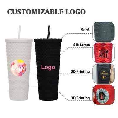 Copo de bebidas de diamante reutilizável de 24 onças Multicolor Tumbler com estampas pretas com tampa e palha