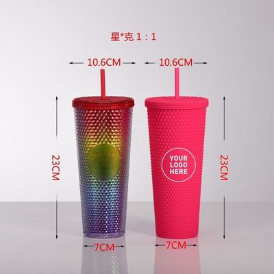 Copo de bebidas de diamante reutilizável de 24 onças Multicolor Tumbler com estampas pretas com tampa e palha