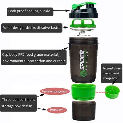 Logotipo personalizado 2 camadas Fitness Protein Shaker Botelho com organizador de pílulas e armazenamento 16oz