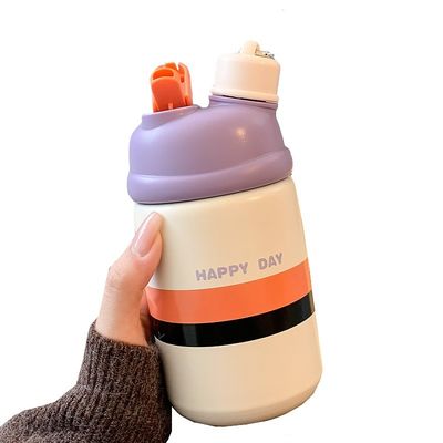 Garrafa de água portátil de aço inoxidável de 500 ml de capacidade, caneca de café isolada com palha