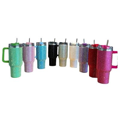 40oz de Rhinestone Studded Tumbler Cup com alça e palha Construção de parede dupla