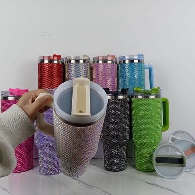 40oz de Rhinestone Studded Tumbler Cup com alça e palha Construção de parede dupla