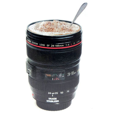 Taça de café de aço inoxidável em forma de lente de câmera para sustentável e leve