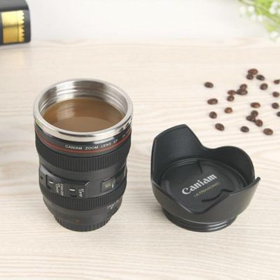 253.4g Dupla parede de aço inoxidável lente de câmera caneca de café para fotógrafos