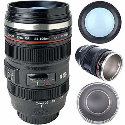 Fotógrafos de viagem Tumbler câmera lente caneca de café com design isolado e agitação